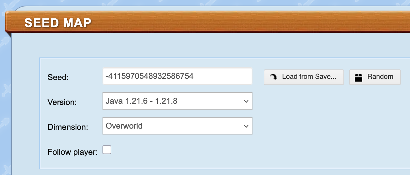 Chunkbase Seed Map controls with Follow player checkbox